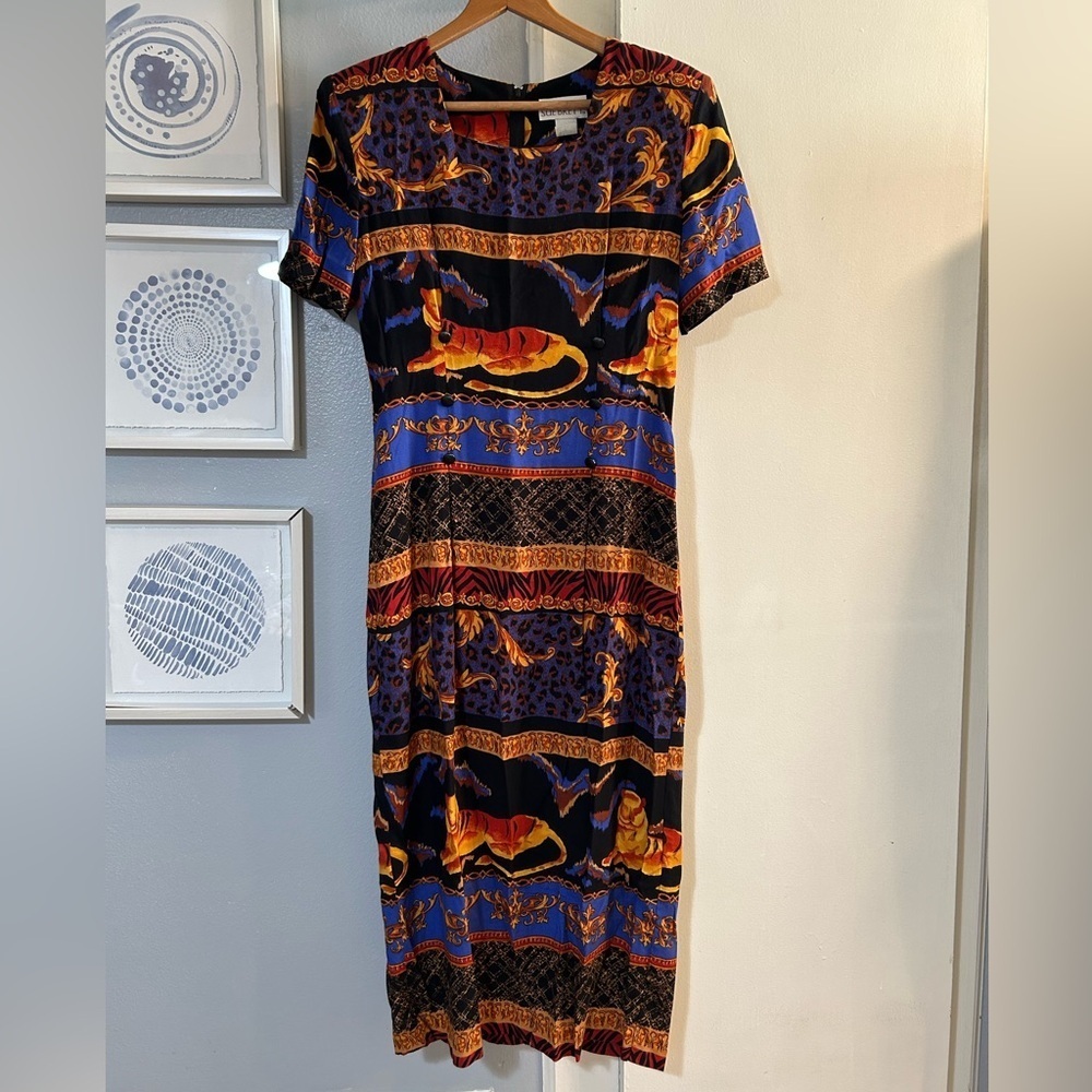Vintage 90s Sue Brett Tiger Boho Print Short Sleeve Wrap Skirt Maxi Dress 8